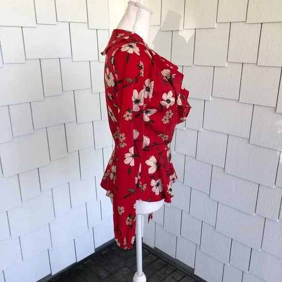 LYDELLE for NORDSTROM Women's Red/White Floral Surplice Ruffle Wrap Blouse sz S - Picture 7 of 8